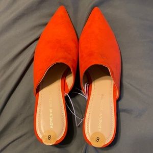 Adrienne Vittadini Orange Suede Ladies stacked heel with a pointed heel